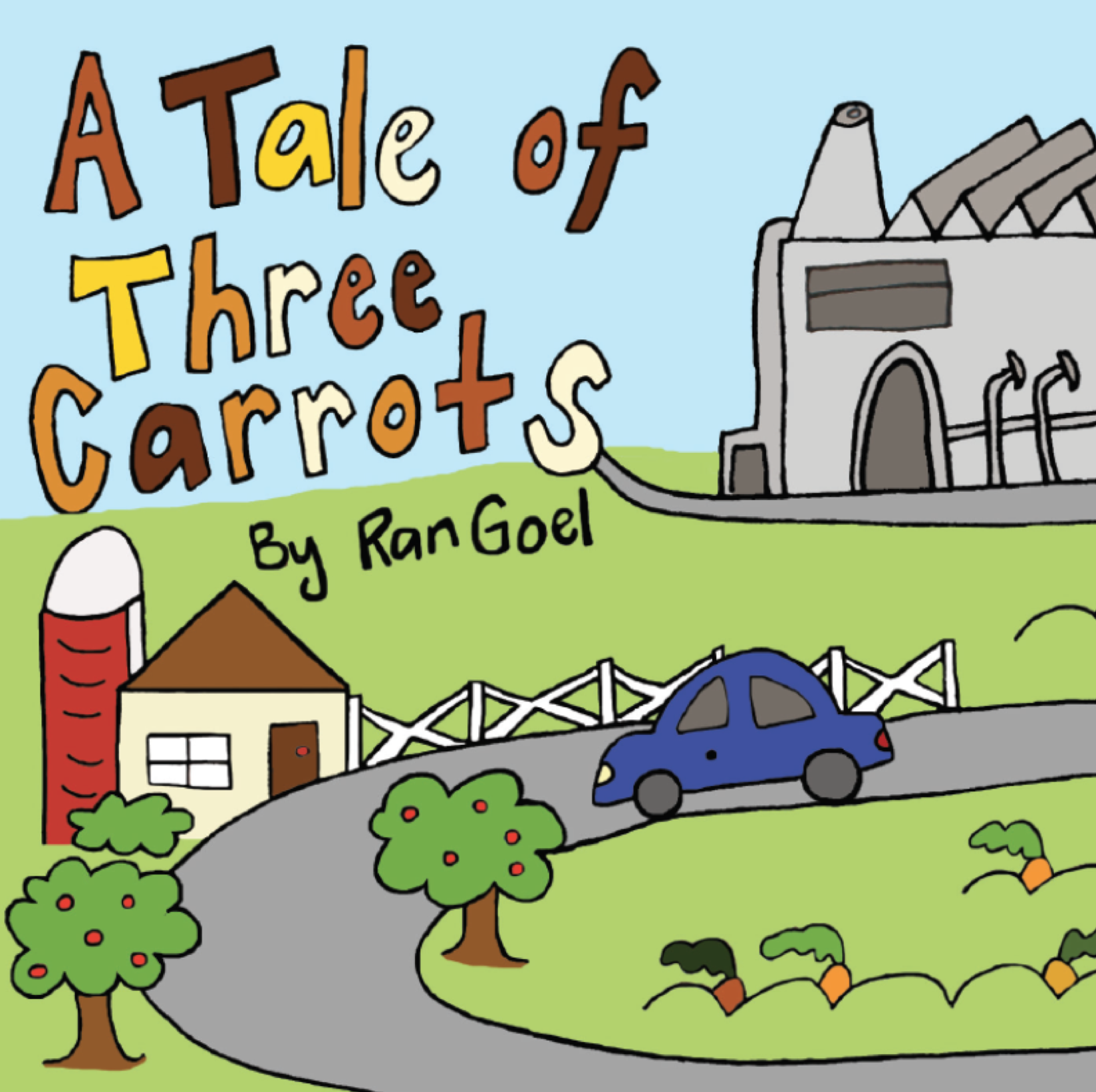 Report cover for Tale of Three Carrots. A simple illustration of a car driving from a factory past a farm